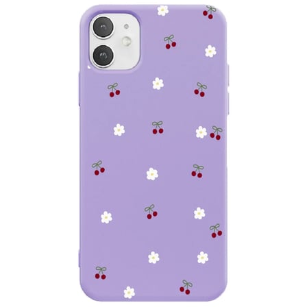 iPhone 12 Lila Lansman Renkli Silikon Kiraz ve Çiçek Desenli Kamera Korumalı Kılıf