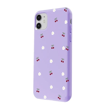 iPhone 12 Lila Lansman Renkli Silikon Kiraz ve Çiçek Desenli Kamera Korumalı Kılıf