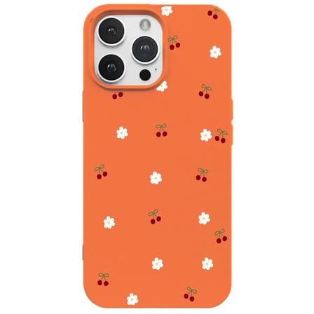 iPhone 11 Pro Max Turuncu Lansman Renkli Silikon Kiraz ve Çiçek Desenli Kamera Korumalı Kılıf