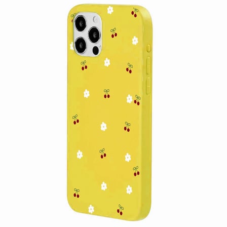 iPhone 11 Pro Max Sarı Lansman Renkli Silikon Kiraz ve Çiçek Desenli Kamera Korumalı Kılıf