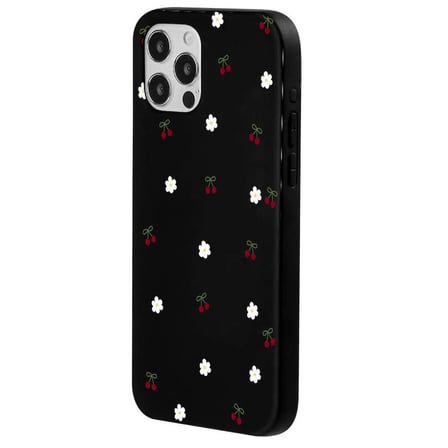 iPhone 11 Pro Max Siyah Lansman Renkli Silikon Kiraz ve Çiçek Desenli Kamera Korumalı Kılıf