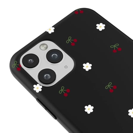 iPhone 11 Pro Max Siyah Lansman Renkli Silikon Kiraz ve Çiçek Desenli Kamera Korumalı Kılıf