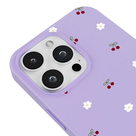 iPhone 11 Pro Lila Lansman Renkli Silikon Kiraz ve Çiçek Desenli Kamera Korumalı Kılıf