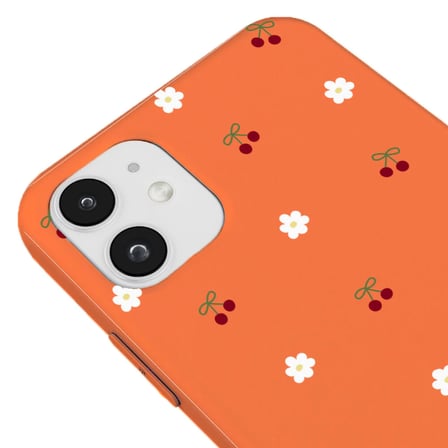 iPhone 11 Turuncu Lansman Renkli Silikon Kiraz ve Çiçek Desenli Kamera Korumalı Kılıf