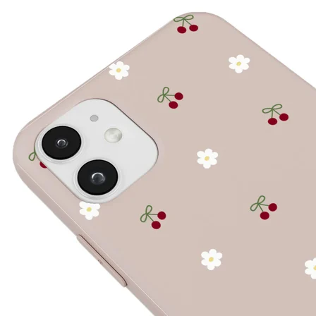 iPhone 11 Pudra Lansman Renkli Silikon Kiraz ve Çiçek Desenli Kamera Korumalı Kılıf