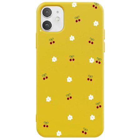 iPhone 11 Sarı Lansman Renkli Silikon Kiraz ve Çiçek Desenli Kamera Korumalı Kılıf