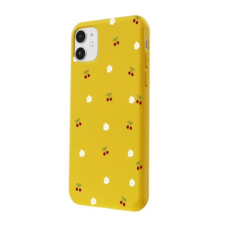 iPhone 11 Sarı Lansman Renkli Silikon Kiraz ve Çiçek Desenli Kamera Korumalı Kılıf