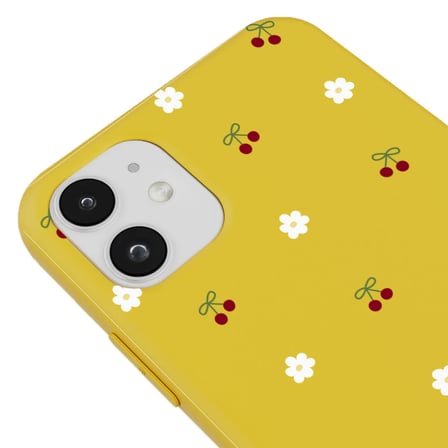 iPhone 11 Sarı Lansman Renkli Silikon Kiraz ve Çiçek Desenli Kamera Korumalı Kılıf