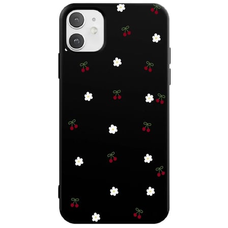 iPhone 11 Siyah Lansman Renkli Silikon Kiraz ve Çiçek Desenli Kamera Korumalı Kılıf