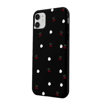 iPhone 11 Siyah Lansman Renkli Silikon Kiraz ve Çiçek Desenli Kamera Korumalı Kılıf