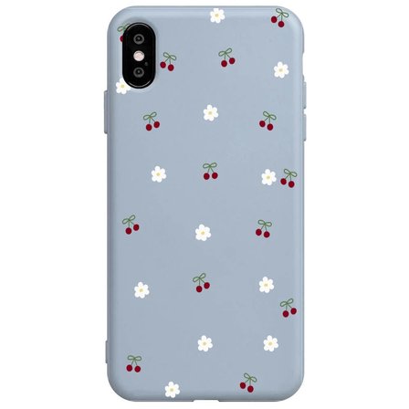 iPhone XS Max Mavi Lansman Renkli Silikon Kiraz ve Çiçek Desenli Kamera Korumalı Kılıf