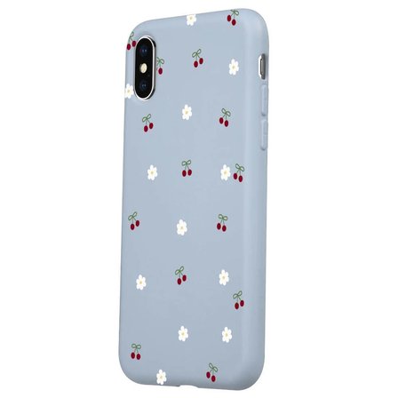iPhone XS Max Mavi Lansman Renkli Silikon Kiraz ve Çiçek Desenli Kamera Korumalı Kılıf