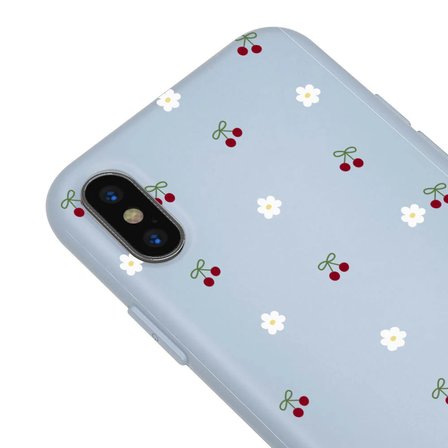 iPhone XS Max Mavi Lansman Renkli Silikon Kiraz ve Çiçek Desenli Kamera Korumalı Kılıf