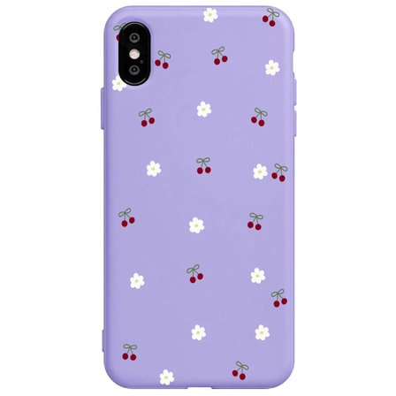 iPhone XS Max Lila Lansman Renkli Silikon Kiraz ve Çiçek Desenli Kamera Korumalı Kılıf