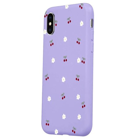 iPhone XS Max Lila Lansman Renkli Silikon Kiraz ve Çiçek Desenli Kamera Korumalı Kılıf