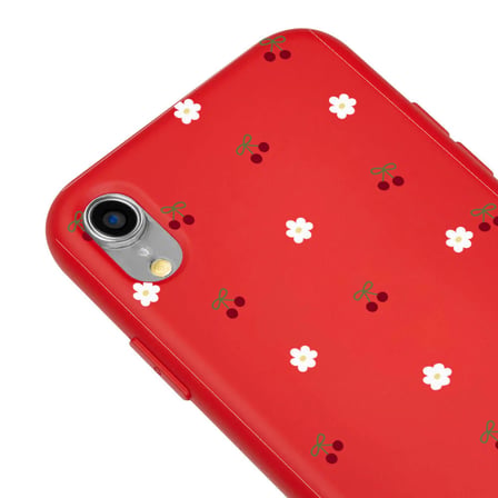 iPhone XR Kırmızı Lansman Renkli Silikon Kiraz ve Çiçek Desenli Kamera Korumalı Kılıf