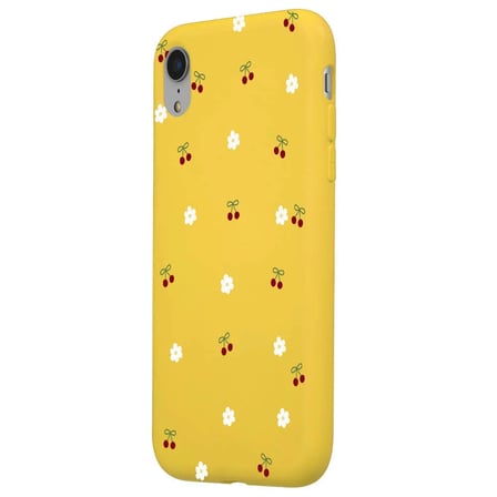 iPhone XR Sarı Lansman Renkli Silikon Kiraz ve Çiçek Desenli Kamera Korumalı Kılıf
