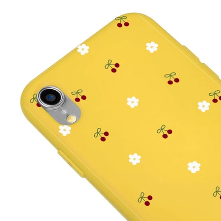 iPhone XR Sarı Lansman Renkli Silikon Kiraz ve Çiçek Desenli Kamera Korumalı Kılıf