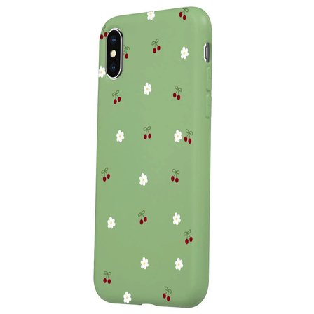 iPhone XS Yeşil Lansman Renkli Silikon Kiraz ve Çiçek Desenli Kamera Korumalı Kılıf