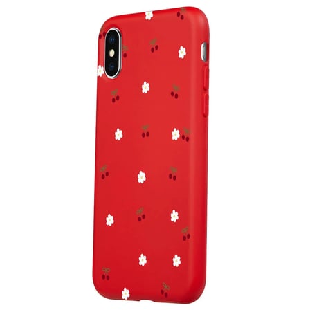 iPhone XS Kırmızı Lansman Renkli Silikon Kiraz ve Çiçek Desenli Kamera Korumalı Kılıf