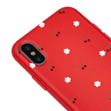 iPhone XS Kırmızı Lansman Renkli Silikon Kiraz ve Çiçek Desenli Kamera Korumalı Kılıf