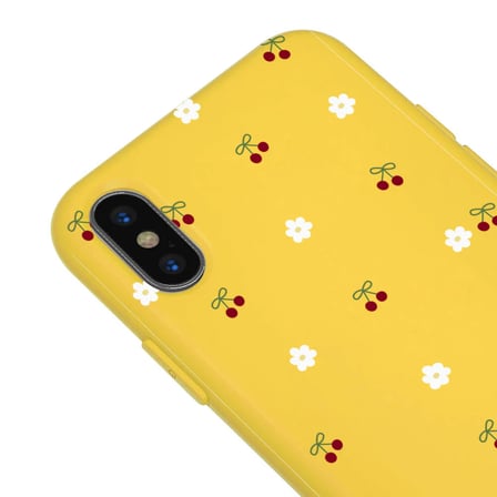 iPhone XS Sarı Lansman Renkli Silikon Kiraz ve Çiçek Desenli Kamera Korumalı Kılıf