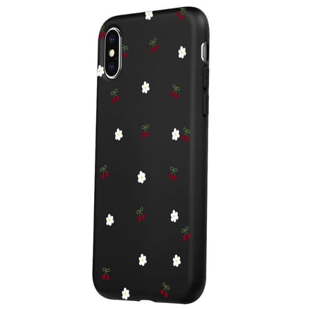 iPhone XS Siyah Lansman Renkli Silikon Kiraz ve Çiçek Desenli Kamera Korumalı Kılıf