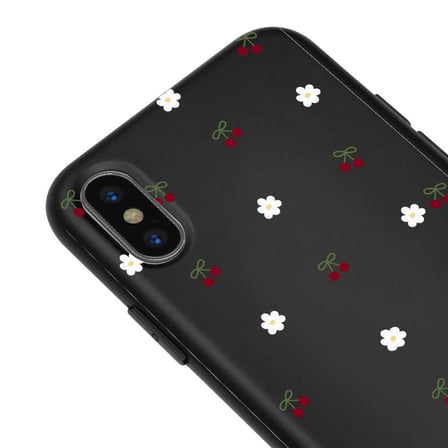 iPhone XS Siyah Lansman Renkli Silikon Kiraz ve Çiçek Desenli Kamera Korumalı Kılıf