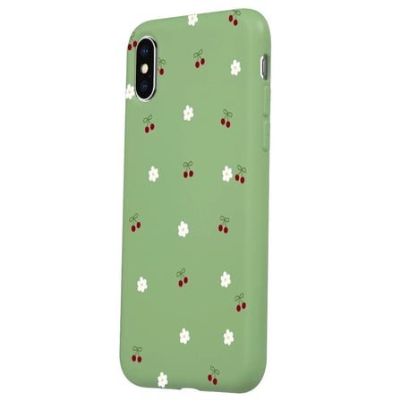iPhone X Yeşil Lansman Renkli Silikon Kiraz ve Çiçek Desenli Kamera Korumalı Kılıf