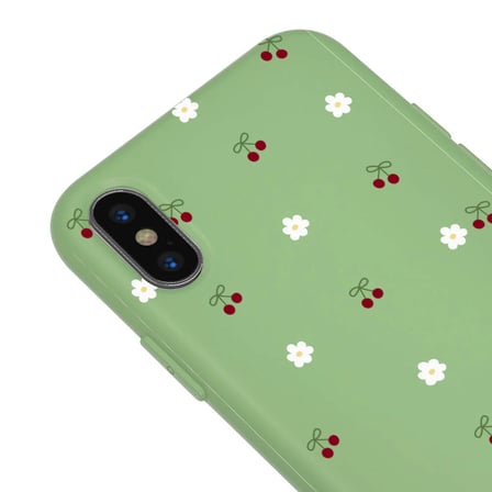 iPhone X Yeşil Lansman Renkli Silikon Kiraz ve Çiçek Desenli Kamera Korumalı Kılıf