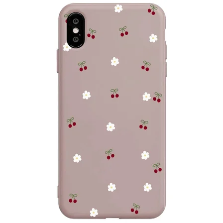 iPhone X Pudra Lansman Renkli Silikon Kiraz ve Çiçek Desenli Kamera Korumalı Kılıf
