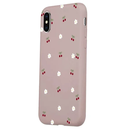 iPhone X Pudra Lansman Renkli Silikon Kiraz ve Çiçek Desenli Kamera Korumalı Kılıf