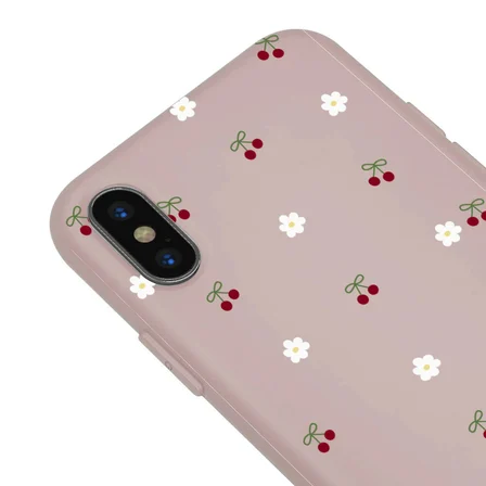 iPhone X Pudra Lansman Renkli Silikon Kiraz ve Çiçek Desenli Kamera Korumalı Kılıf