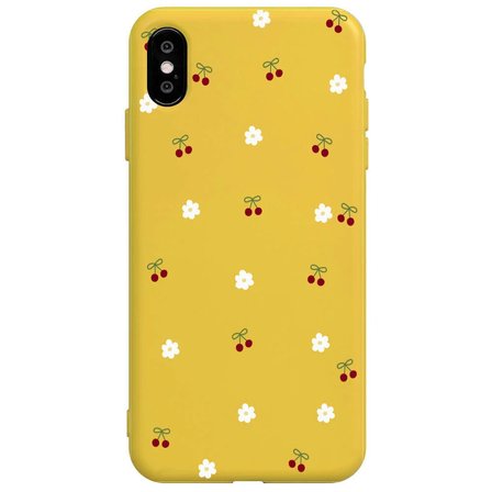 iPhone X Sarı Lansman Renkli Silikon Kiraz ve Çiçek Desenli Kamera Korumalı Kılıf