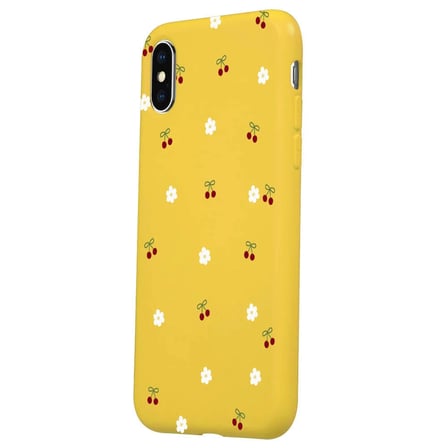 iPhone X Sarı Lansman Renkli Silikon Kiraz ve Çiçek Desenli Kamera Korumalı Kılıf