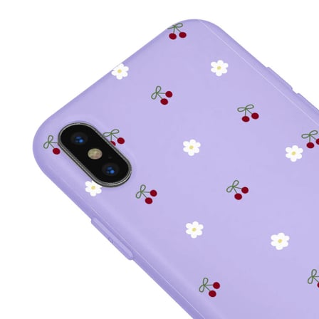 iPhone X Lila Lansman Renkli Silikon Kiraz ve Çiçek Desenli Kamera Korumalı Kılıf