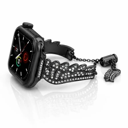 Watch Saat 45mm Siyah Renk Melek Kanadı Tasarımlı Şık Taşlı Kordon