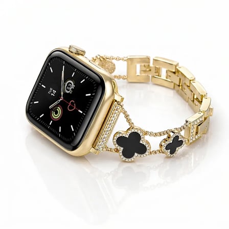 Watch Saat 45mm Açık Gold Taşlı Siyah Yonca Tasarımlı Şık Kordon