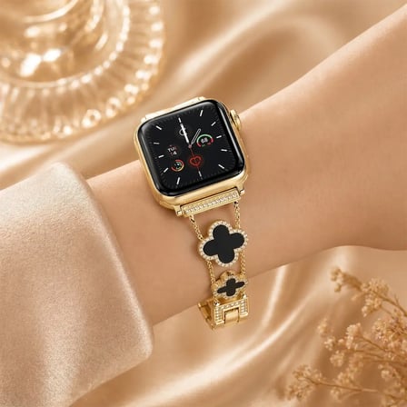 Watch Saat 45mm Açık Gold Taşlı Siyah Yonca Tasarımlı Şık Kordon