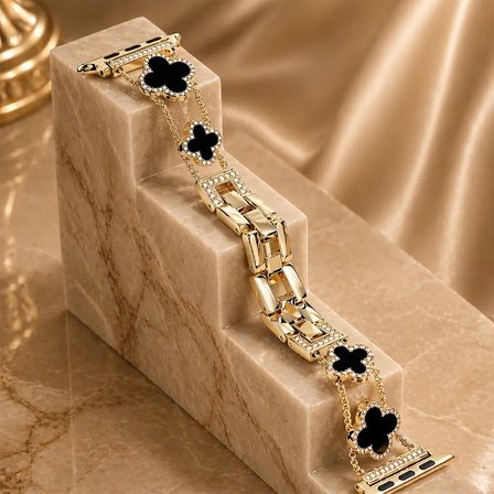 Watch Saat 45mm Açık Gold Taşlı Siyah Yonca Tasarımlı Şık Kordon