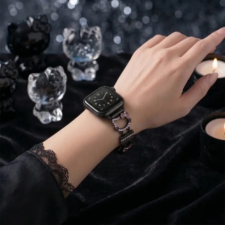 Watch Saat 44mm Siyah Taşlı Kurdele Tasarımlı Şık Kordon