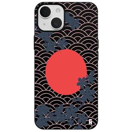 iPhone 15 Plus Siyah Lansman Renkli Silikon Japon Güneşi Tasarımlı Kamera Korumalı Kılıf