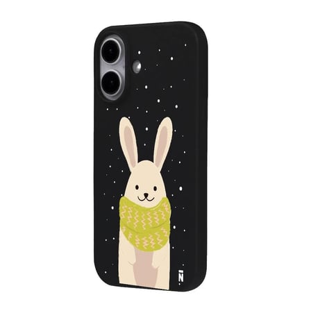 iPhone 16 Plus Siyah Lansman Renkli Silikon Winter Rabbit Tasarımlı Premium Kılıf