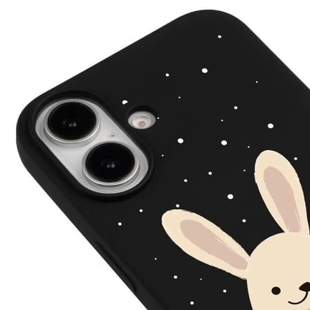 iPhone 16 Plus Siyah Lansman Renkli Silikon Winter Rabbit Tasarımlı Premium Kılıf