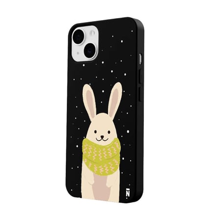 iPhone 15 Plus Siyah Lansman Renkli Silikon Winter Rabbit Tasarımlı Kamera Korumalı Kılıf