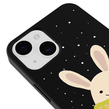 iPhone 15 Plus Siyah Lansman Renkli Silikon Winter Rabbit Tasarımlı Kamera Korumalı Kılıf