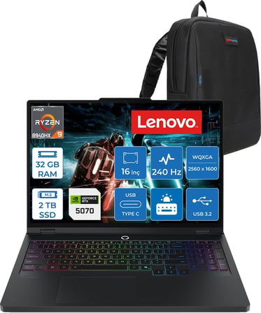 Lenovo Legion Pro 5 Amd Ryzen 9 8940HX 32GB 2tb SSD 8GB/RTX5070/115W 16" Wqxga (2560X1600) IPS 500NITS 240Hz Freedos Gaming Bilgisayar L83LT003STRF11 + Zettaçanta