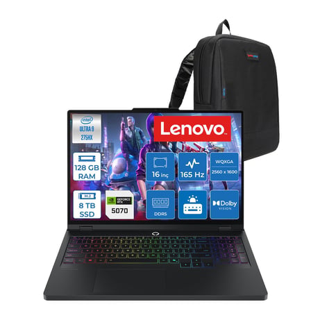 Lenovo Legion Pro 5 16IAX10 Intel Ultra 9 275HX 128GB 8tb SSD 8GB/RTX5070/115W 16" Wqxga (2560X1600) OLED 1100NITS 165Hz Wi-Fi7+Bt 5.4 WIN11HOME Siyah Gaming Bilgisayar L83F300B2CKH57 + Zettaçanta