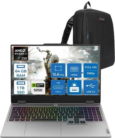 Lenovo Loq Amd Ryzen 7 250 64GB Ddr5 1tb SSD 8GB/RTX5050/100W 15.6" Fhd IPS 300NITS 100% Srgb 144Hz Windows 11 Home Taşınabilir Bilgisayar 15AHP1050H22 + Zettaçanta