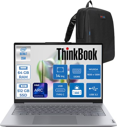 Lenovo Thinkbook 14 G8 Ial Intel Core Ultra 7 255H 64GB Ddr5 512GB SSD Intel Arc 140T 14" Wuxga IPS 300NITS Freedos Taşınabilir Bilgisayar 21SJ007BTXF21 + Zettaçanta